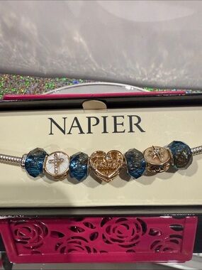Napier Gold & Teal Crystal Heart Charm Bracelet